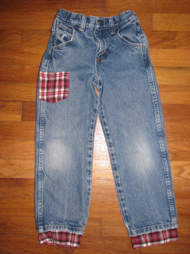 boys pants lengthened with cuffs from flannel shirt