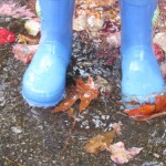 blue boots splashing in a puddle of leaves