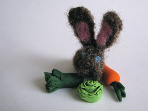 felted wool rabbit with polymer clay vegetables