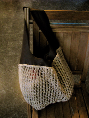 handspun hemp knitted mesh and leather market bag