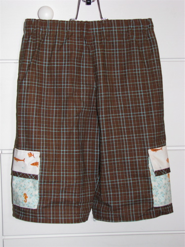 boys shorts sewn with Michael Miller brown and aqua plaid Heather Ross Mendocino fish seahorse pockets