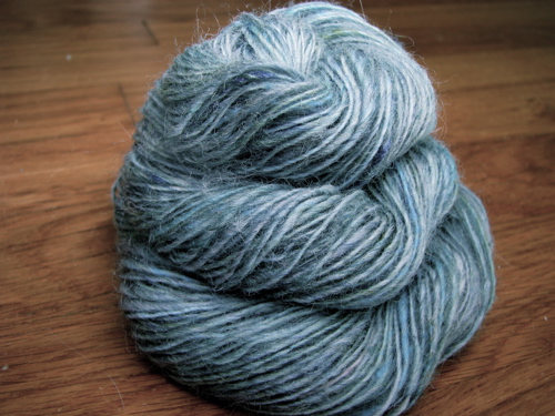 gray blue green thick and thin singles wool yarn spun from hand carded batt
