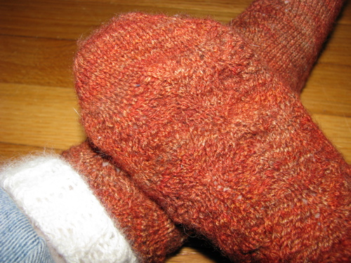 hand knit socks made from hand dyed and spun wool and angora