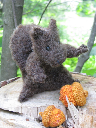 brushed crochet squirrel amigurumi and knit and crocheted acorns