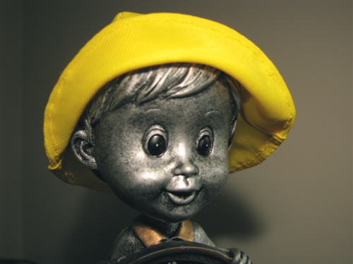 handmade sou'wester hat on bobble head doll