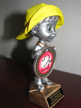 bobble head trophy with hand sewn yellow fisherman hat