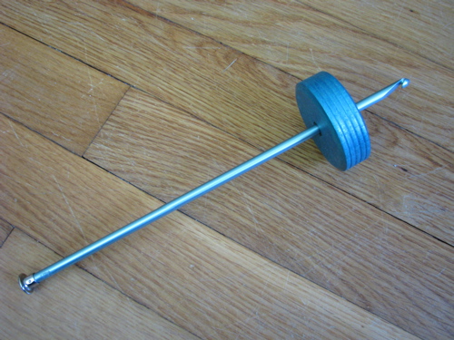 handmade DIY drop spindle made from afghan or tunisian crochet hook and toy wooden wheel