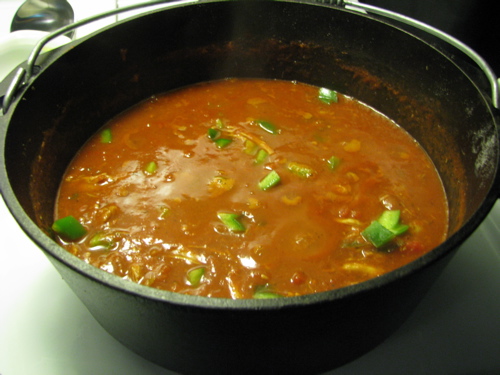 homemade chili in iron pot