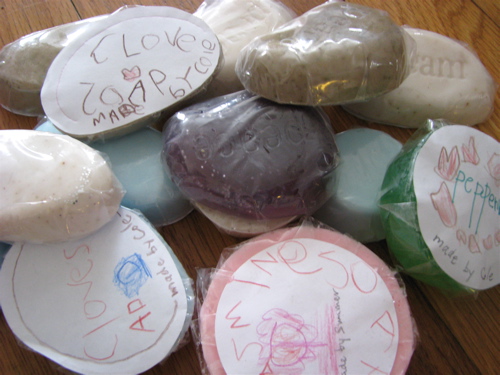handmade melt and pour soaps with kid made labels