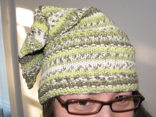 hand-knit stocking cap seed stitch self-striping green