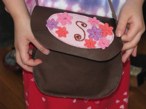 hand sewn felt and leather purse for little girl flowers monogram