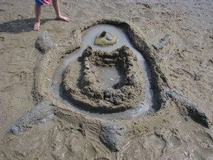 sand castle with turtle shaped moat walls