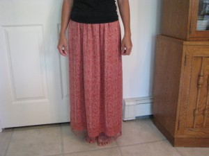 long drawstring skirt made from fringed rayon jacquard scarf