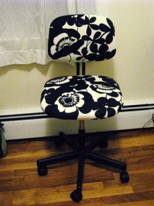 office chair recovered in AH Sofia black and white floral fabric