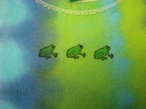 stamped and colored frogs on blue/green tie dye baby boy onesie