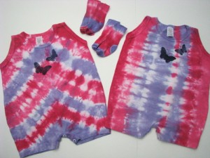 pink and purple tie dyed baby rompers with matching socks
