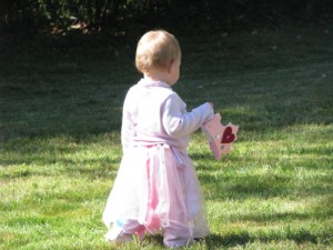 toddler in ruffly skirt holding a pink crown