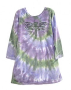 lavender/purple/green tie dye cotton velour dress with dragonfly stamp